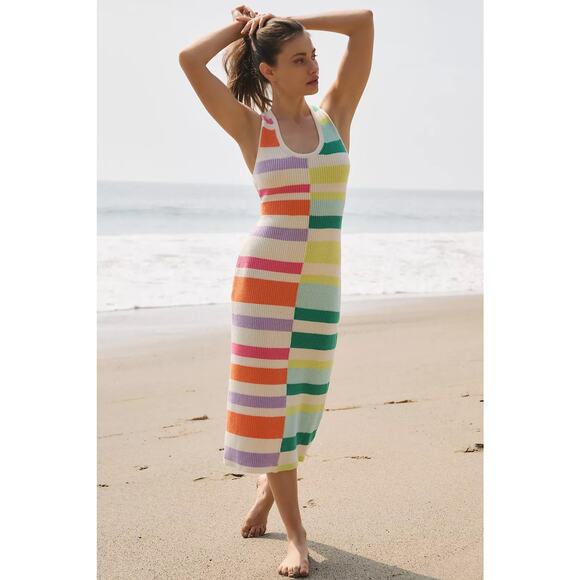 Anthropologie Flat White Striped Knit Midi Dress Size Large Multi Color Boho - Picture 2 of 13